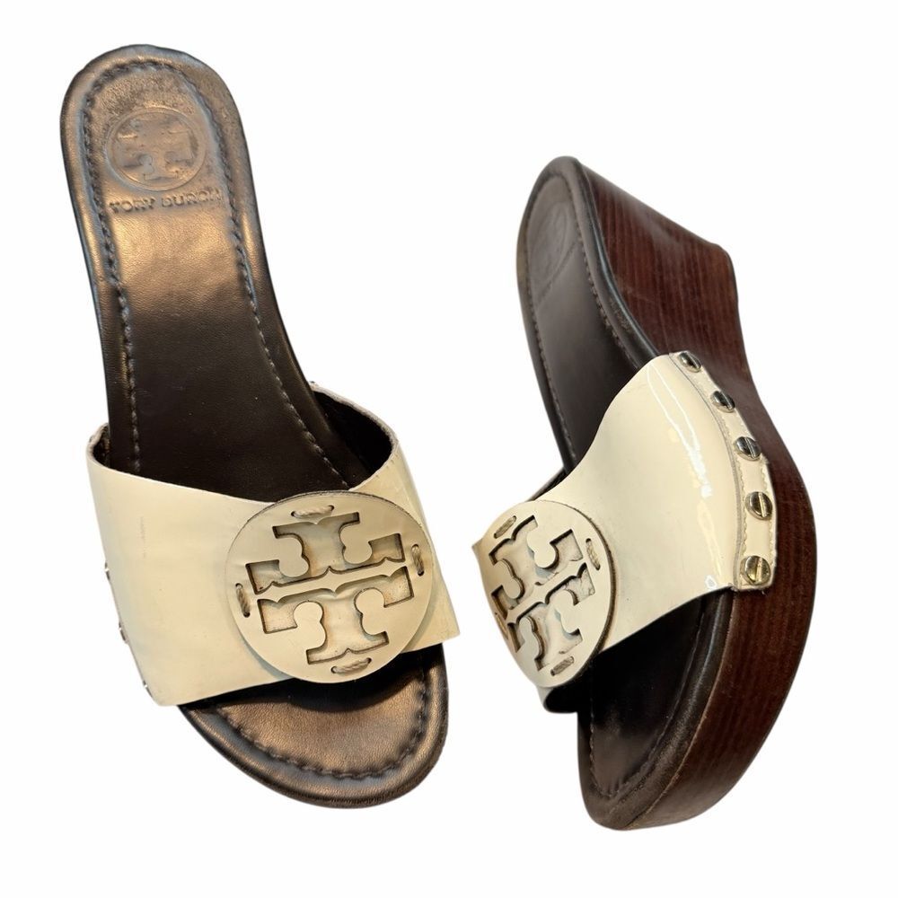 Tory Burch White Patent Leather Wedge Slide Sandals with Wood Platform